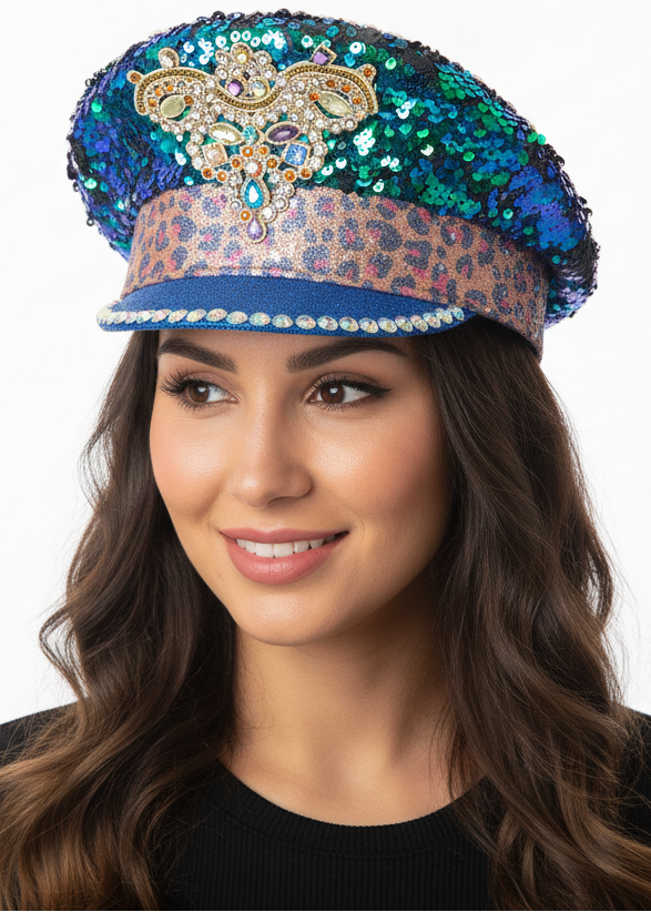 Image of Deluxe Iridescent Blue Shimmer Festival Hat with Jewels - main image