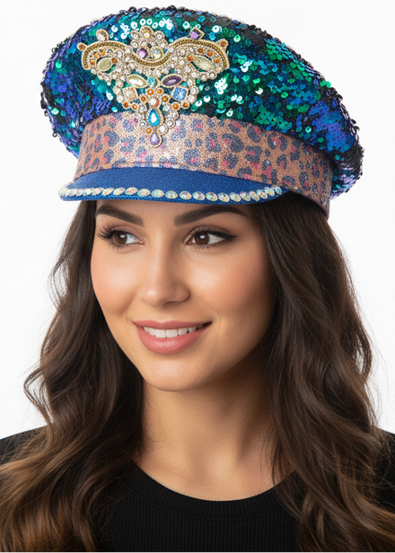 Image of Deluxe Iridescent Blue Shimmer Festival Hat with Jewels - main image