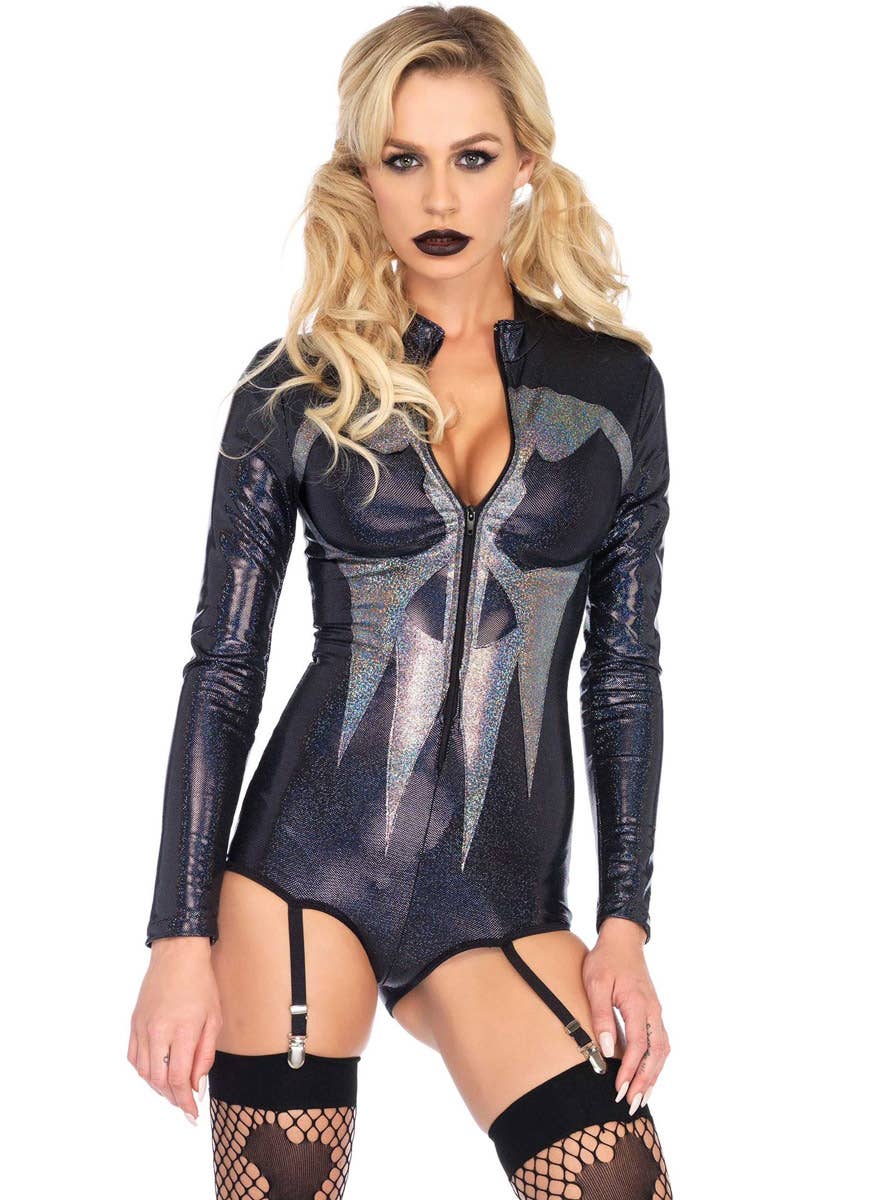 Image of Shimmer Skull Women's Sexy Halloween Costume Bodysuit - Front View