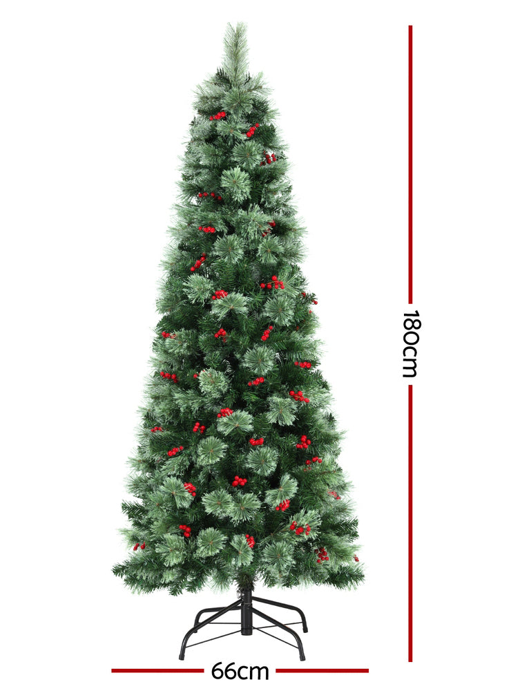 Jingle Jollys Slim 180cm Warm White Prelit Christmas Tree with Pine Cones and Berries - Dimensions Image
