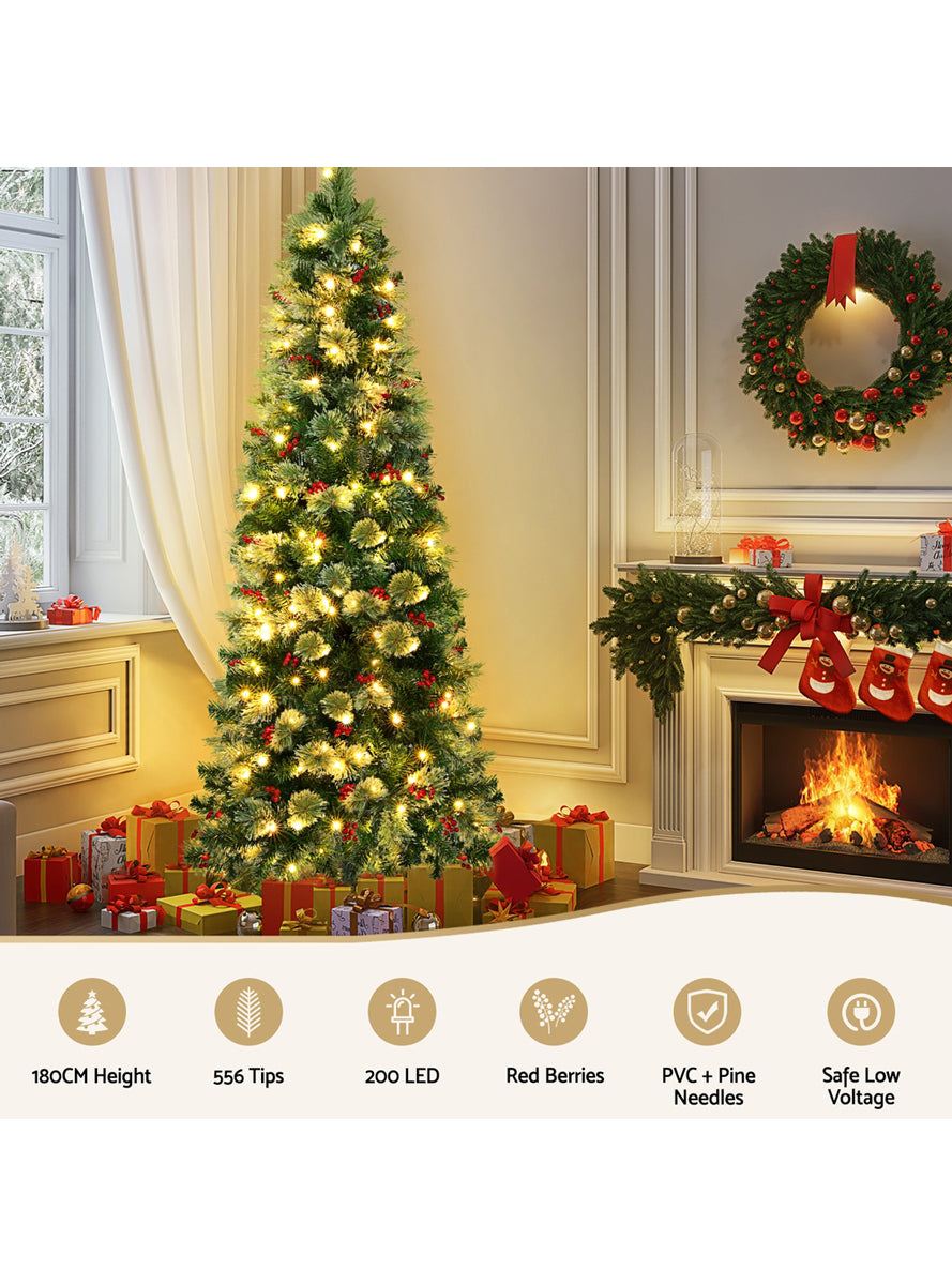 Jingle Jollys Slim 180cm Warm White Prelit Christmas Tree with Pine Cones and Berries - Info Image 1
