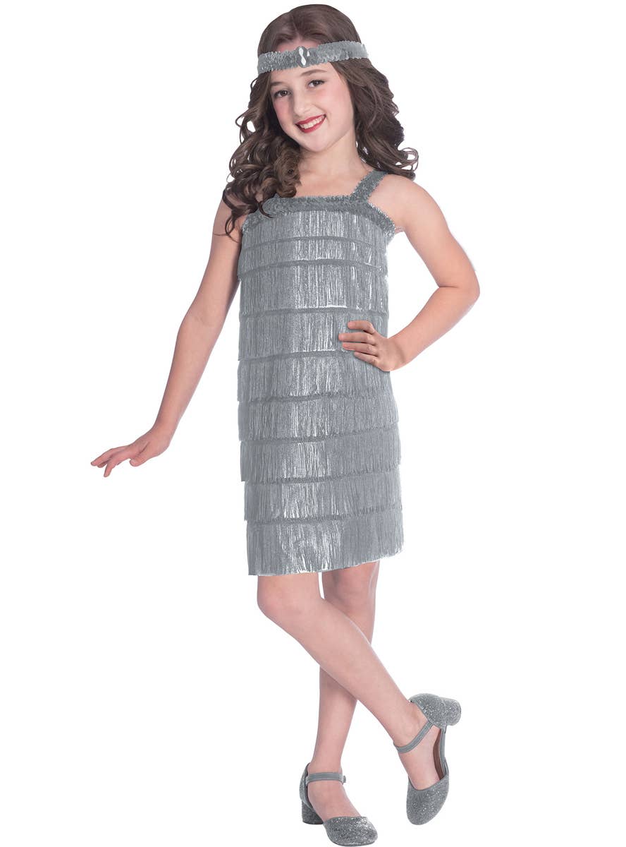 Girls Silver Flapper 20s Dress Costume | Heaven Costumes Girls Silver Flapper 20s Dress Costume | Heaven Costumes