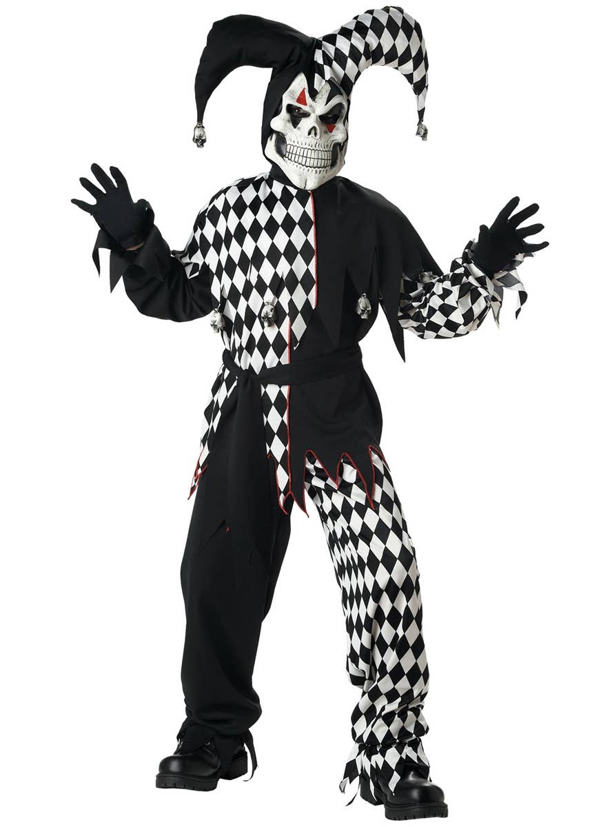 Boy's Evil Jester Black and White Halloween Costume Front Image