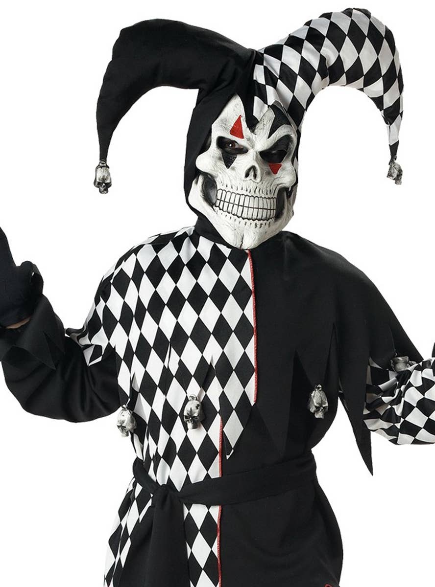 Jester Boy's Evil Harlequin Halloween Fancy Dress CostumeClose Up Image