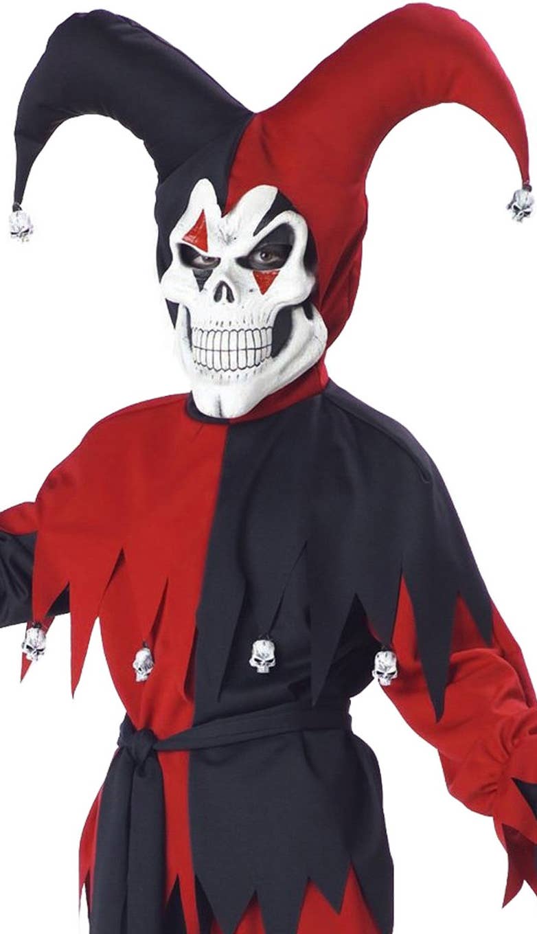 Boy's Evil Jester Scary Halloween Dress Up Costume Close Up View 