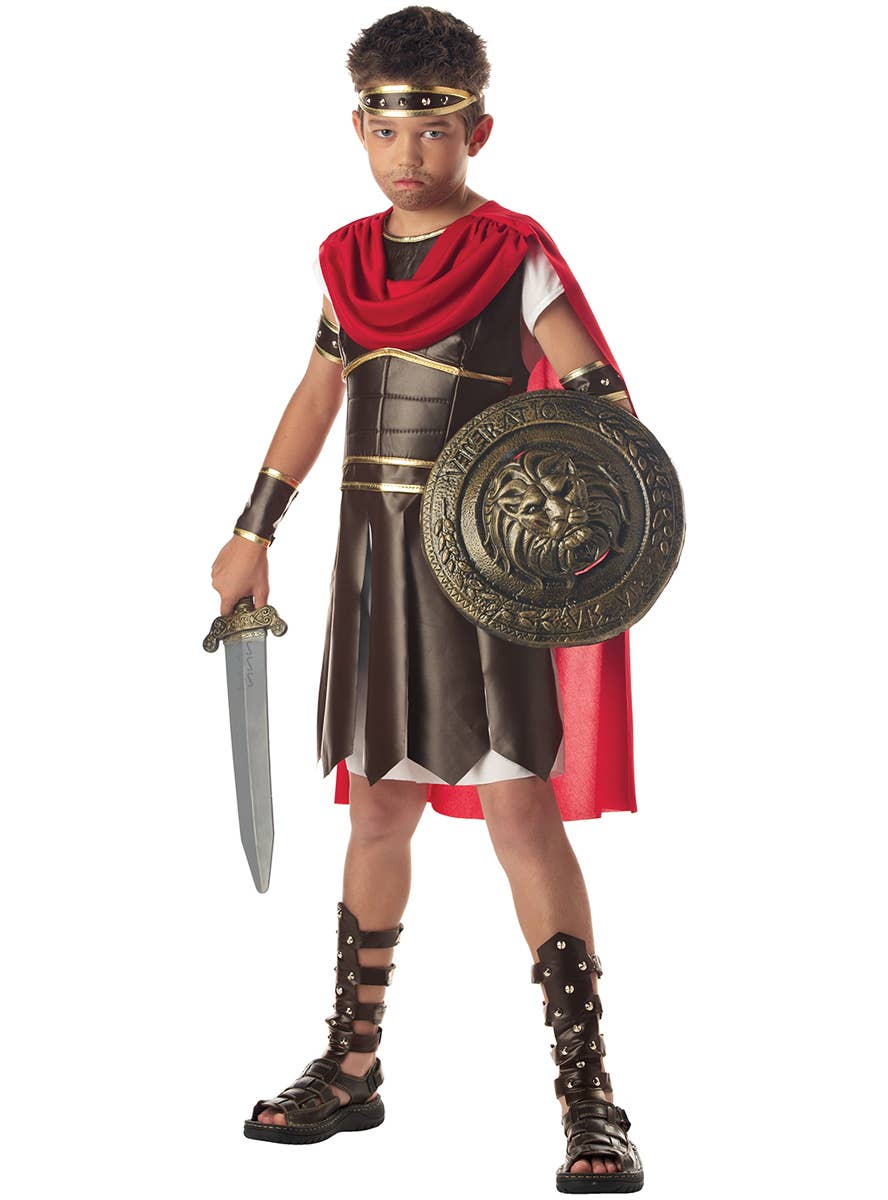 Boy's Roman Gladiator Costume with Red Cape Front Image