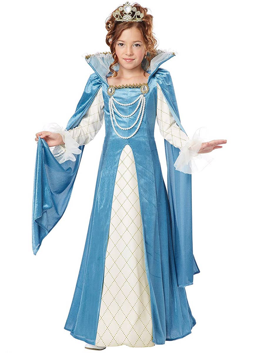 Blue and White Girl's Renaissance Queen Costume Front View