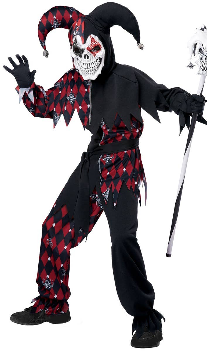 Black and Red Sinister Jester Harlequin Boy's Costume Main Image
