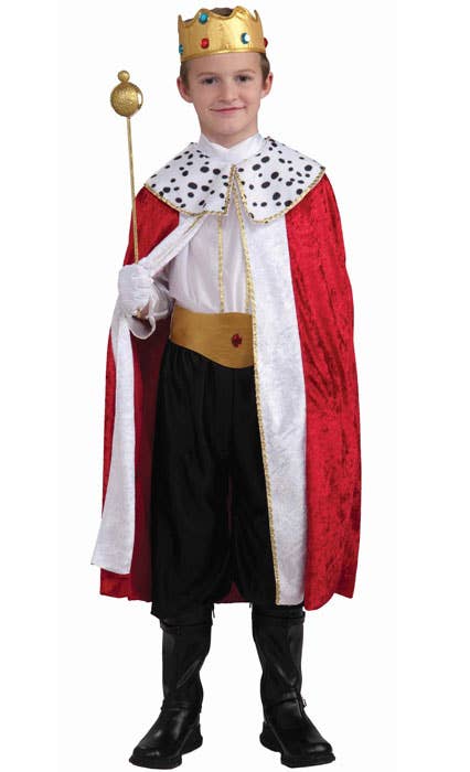 Boy's King Fancy Dress Costume with Red Cape and Crown - Main Image