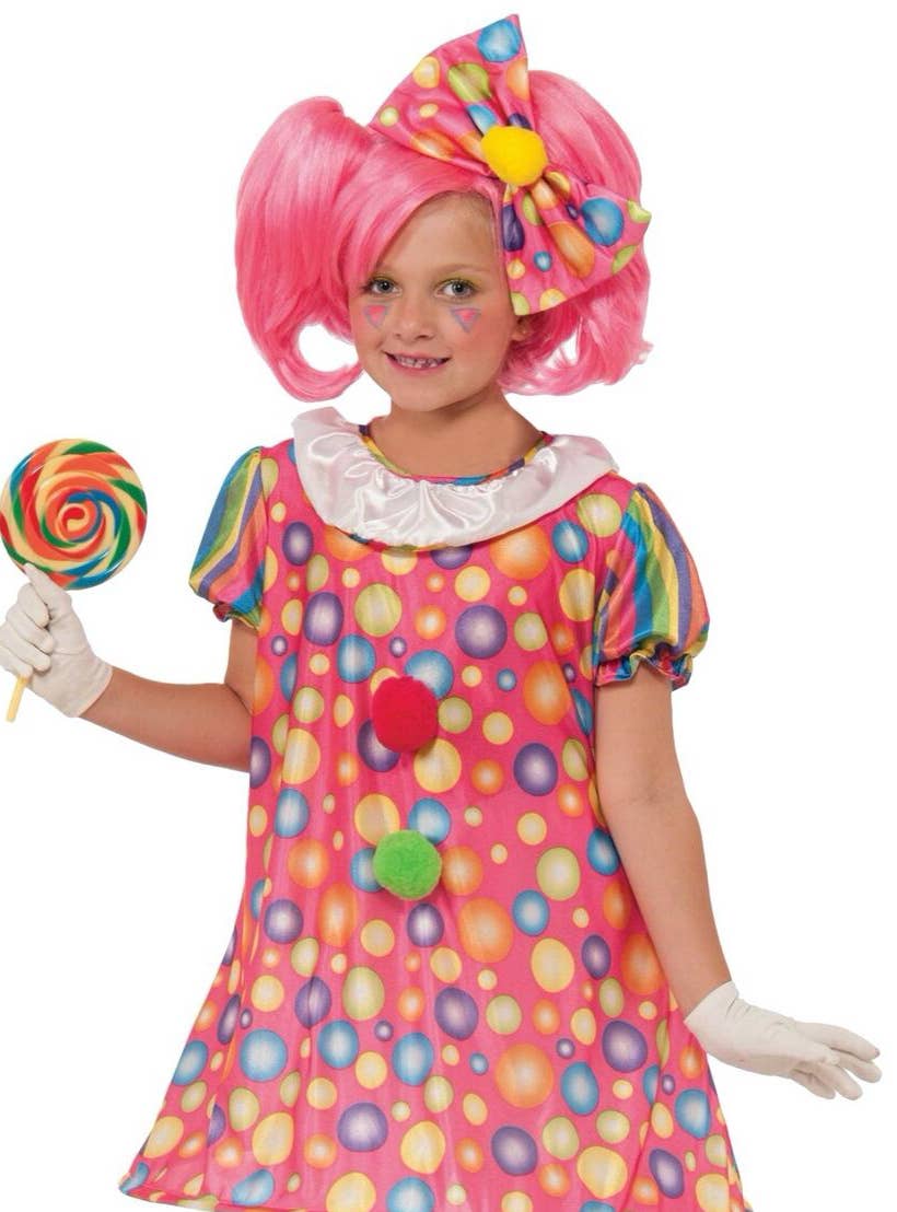 Girl's Pink Polka Dot Circus Clown Costume Close Up View