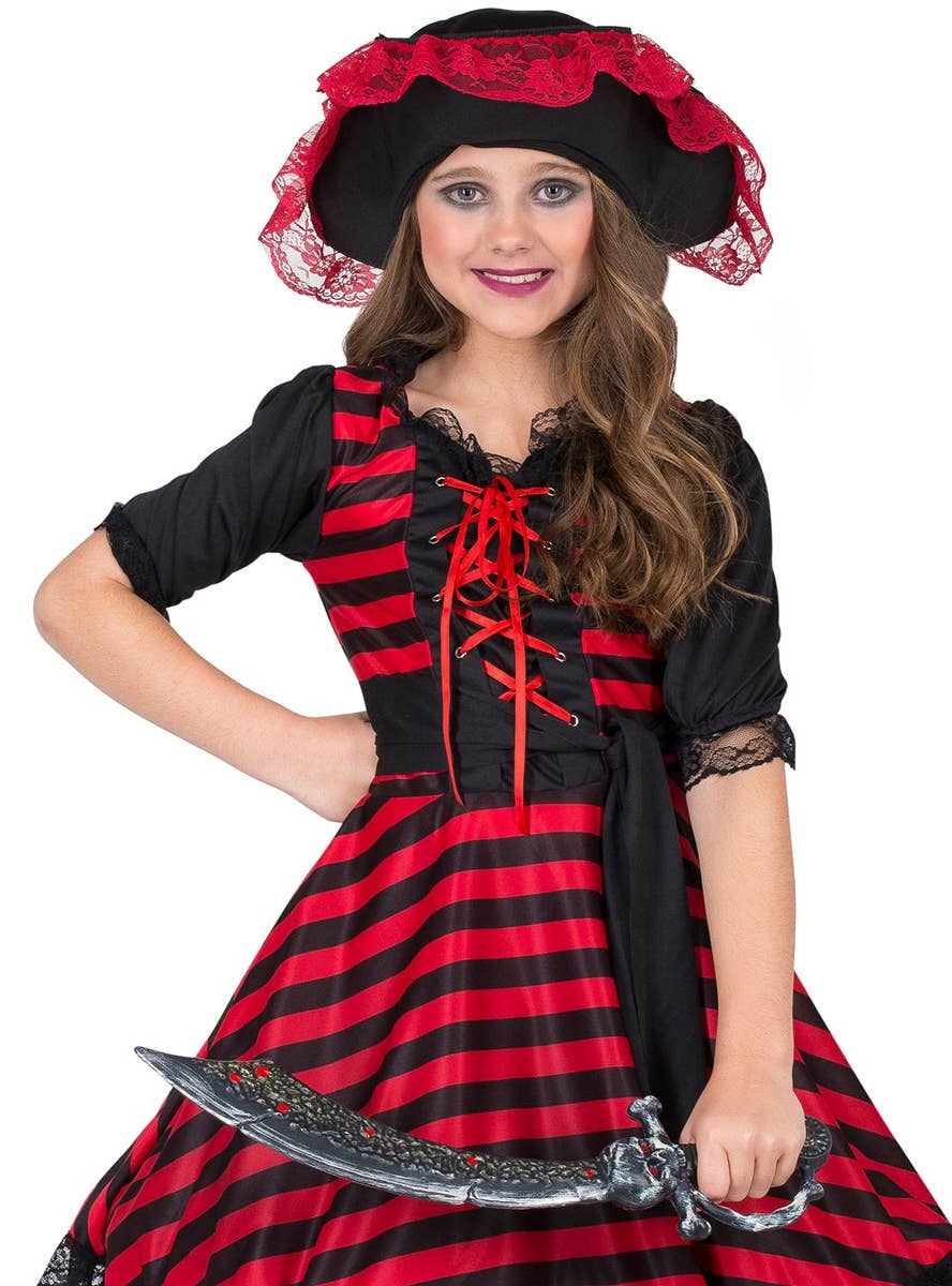Red and Black Pirate Costume for Girls - Close Image