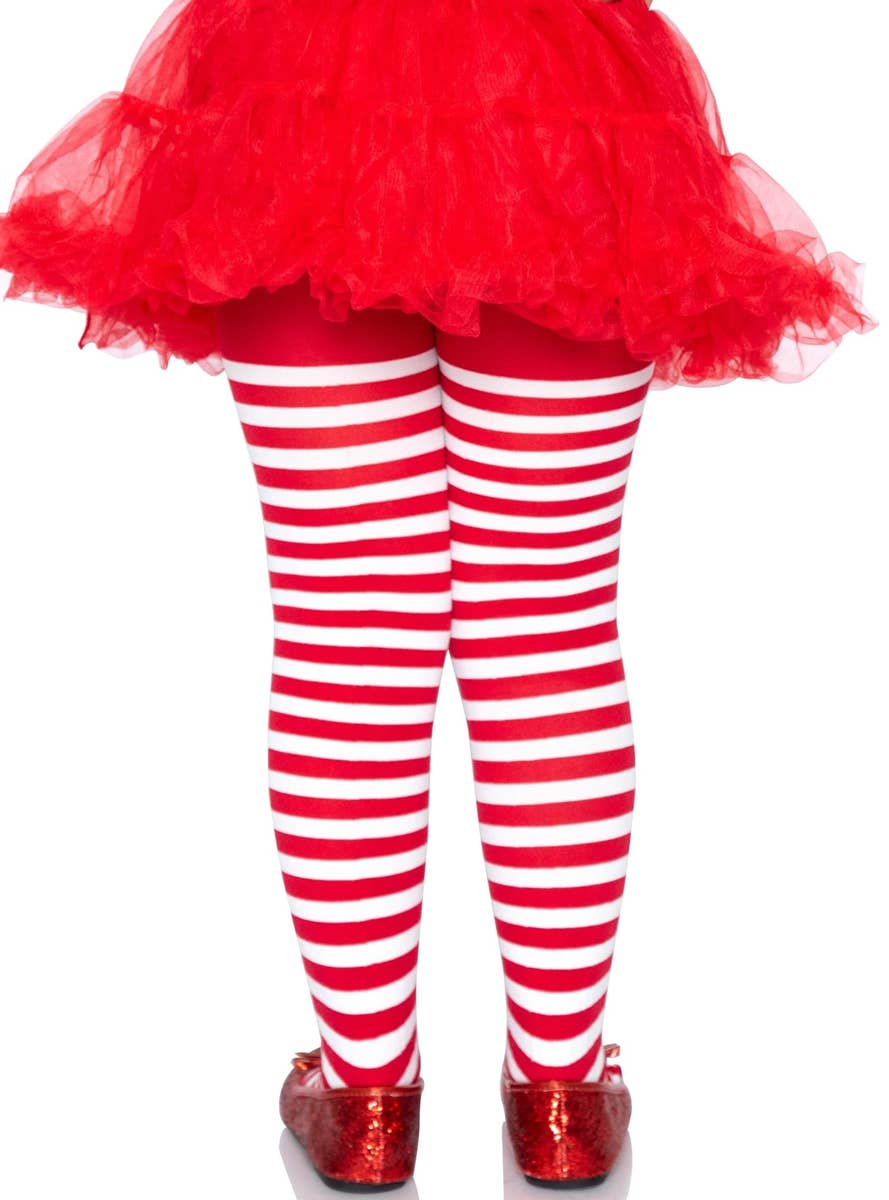 Striped Red and White Girls Opaque Full Length Stockings - Back Image