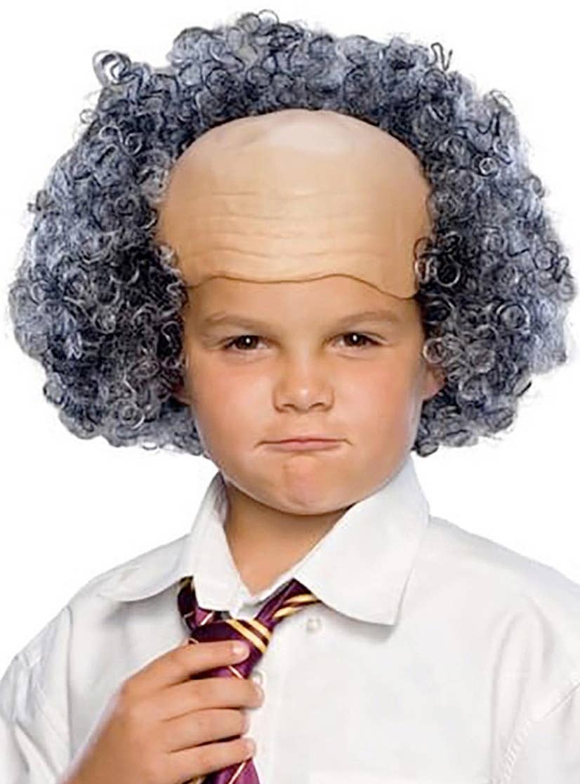 Old Man Kid's Curly Grey Costume Wig with Receding Hair Line Bald Cap Front