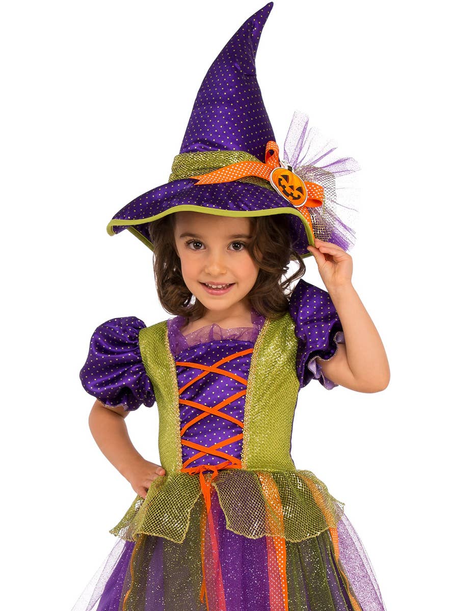 Purple and Orange Witch Costume for Girls - Close Image