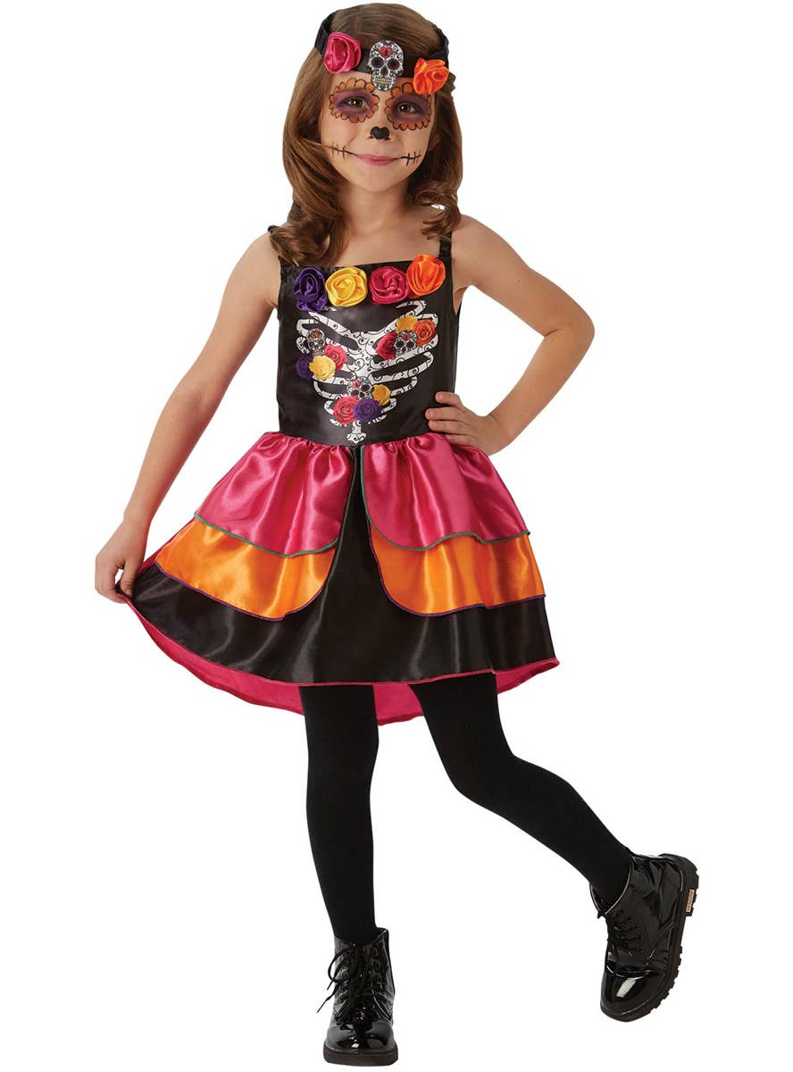 Girls Day of the Dead Sugar Skull Costume - Front Image