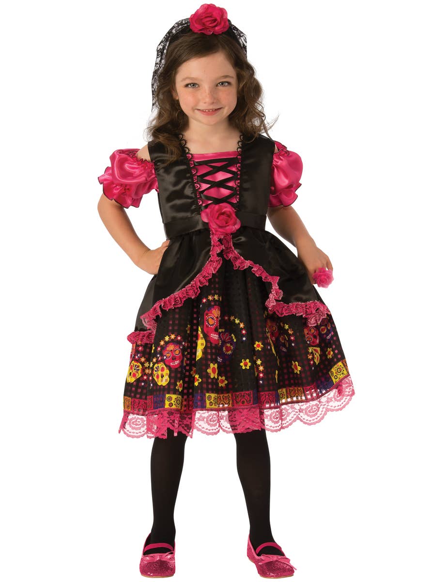 Pink Day of the Dead Girl's Dress Up Costume - Main Image