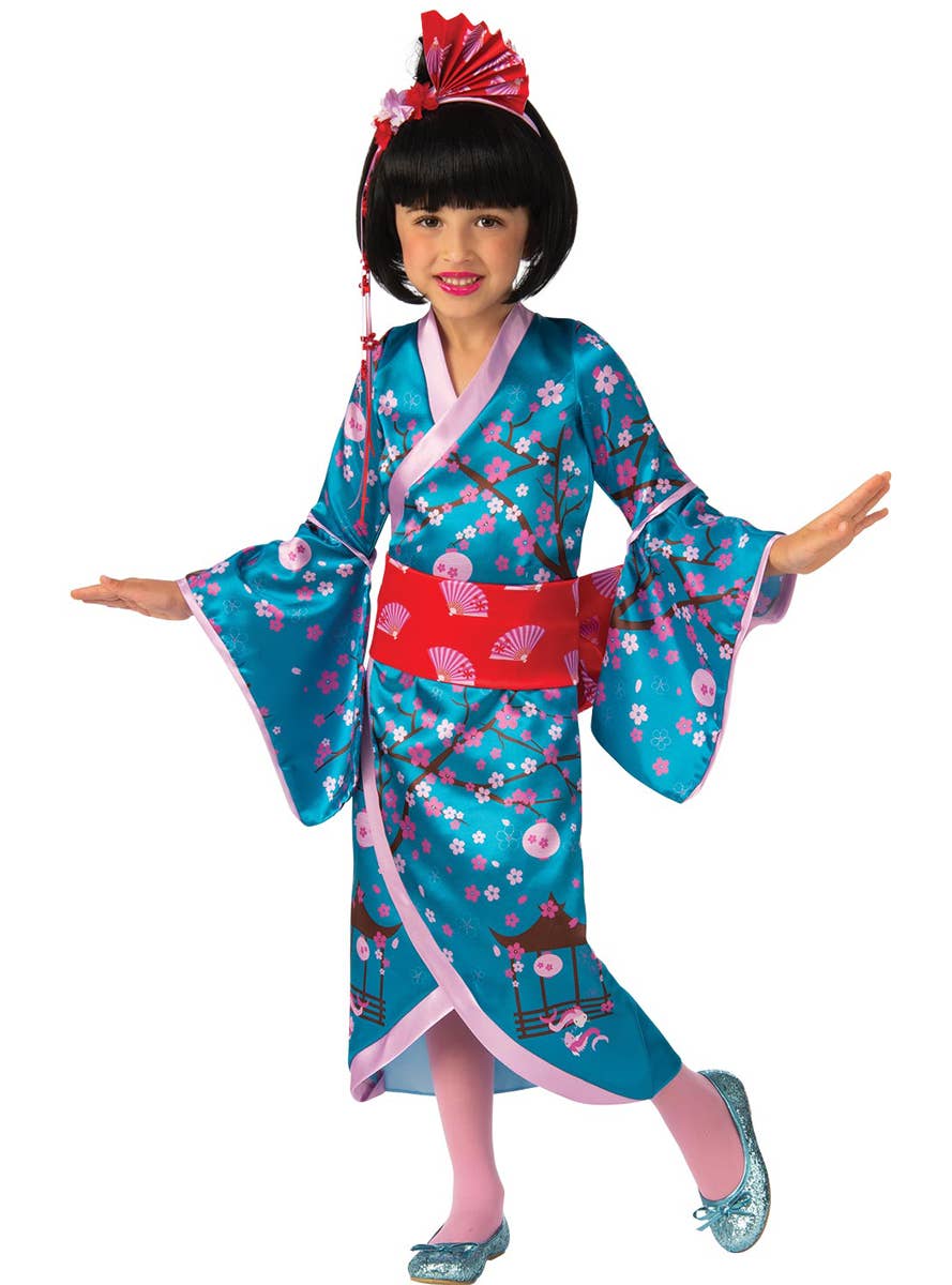 Japanese Geisha Girl's Blue and Pink Cherry Blossom Princess Dress Up Costume