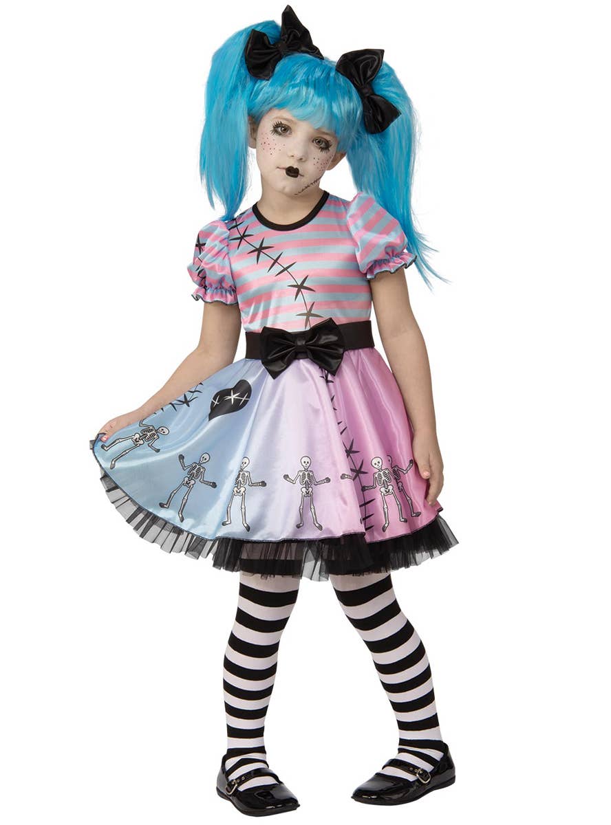 Light Pink and Blue Skelly Girl Halloween Costume for Kids - Front Image