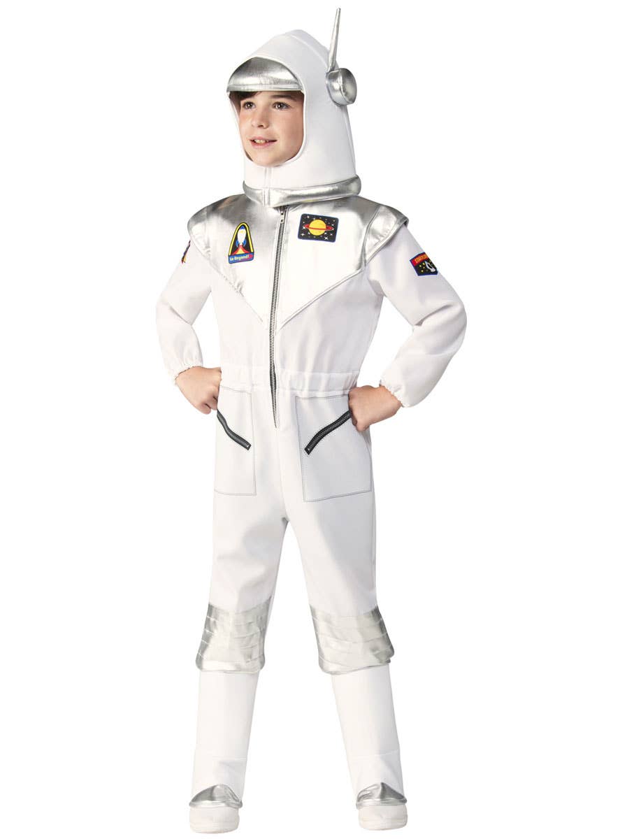 White and Silver Astronaut Boy's Space Suit Costume - Front Image