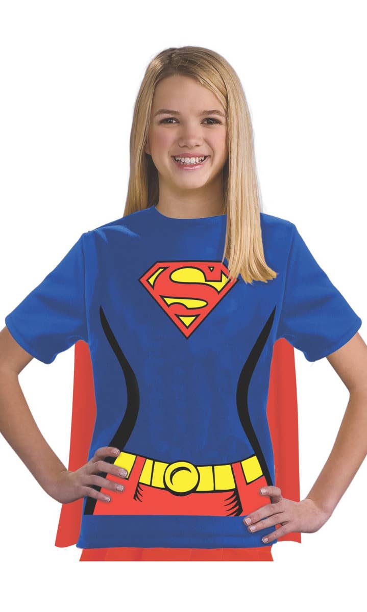 Girls Superhero T-Shirt Supergirl Fancy Dress Costume Main Image