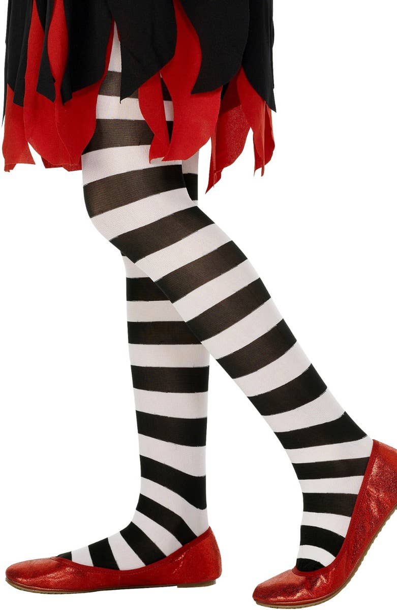 Girls Full Length Black and White Striped Opaque Stockings
