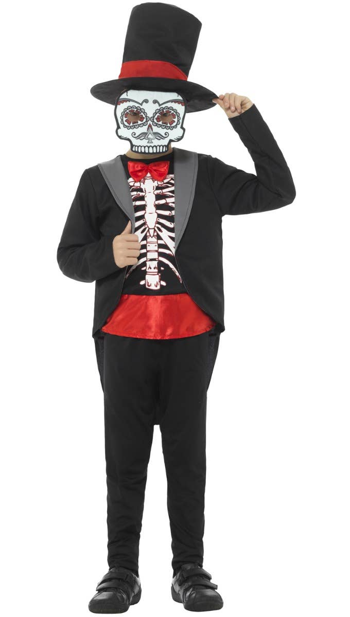 Boy's Halloween Day Of The Dead Sugar Skull Kid's Black Tuxedo Skeleton Fancy Dress Costume Main Image