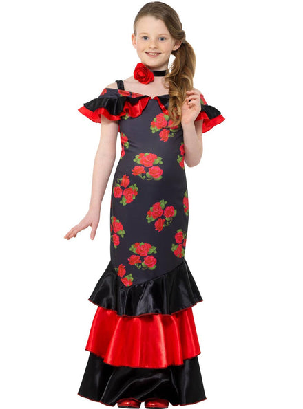 Girls Red and Black Spanish Flamenco Dress Up Costume - Front Image