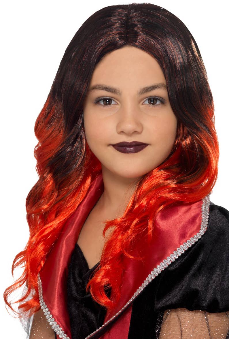 Girls Long Red and Black Curly Ombre Witch Halloween Wig Main Image