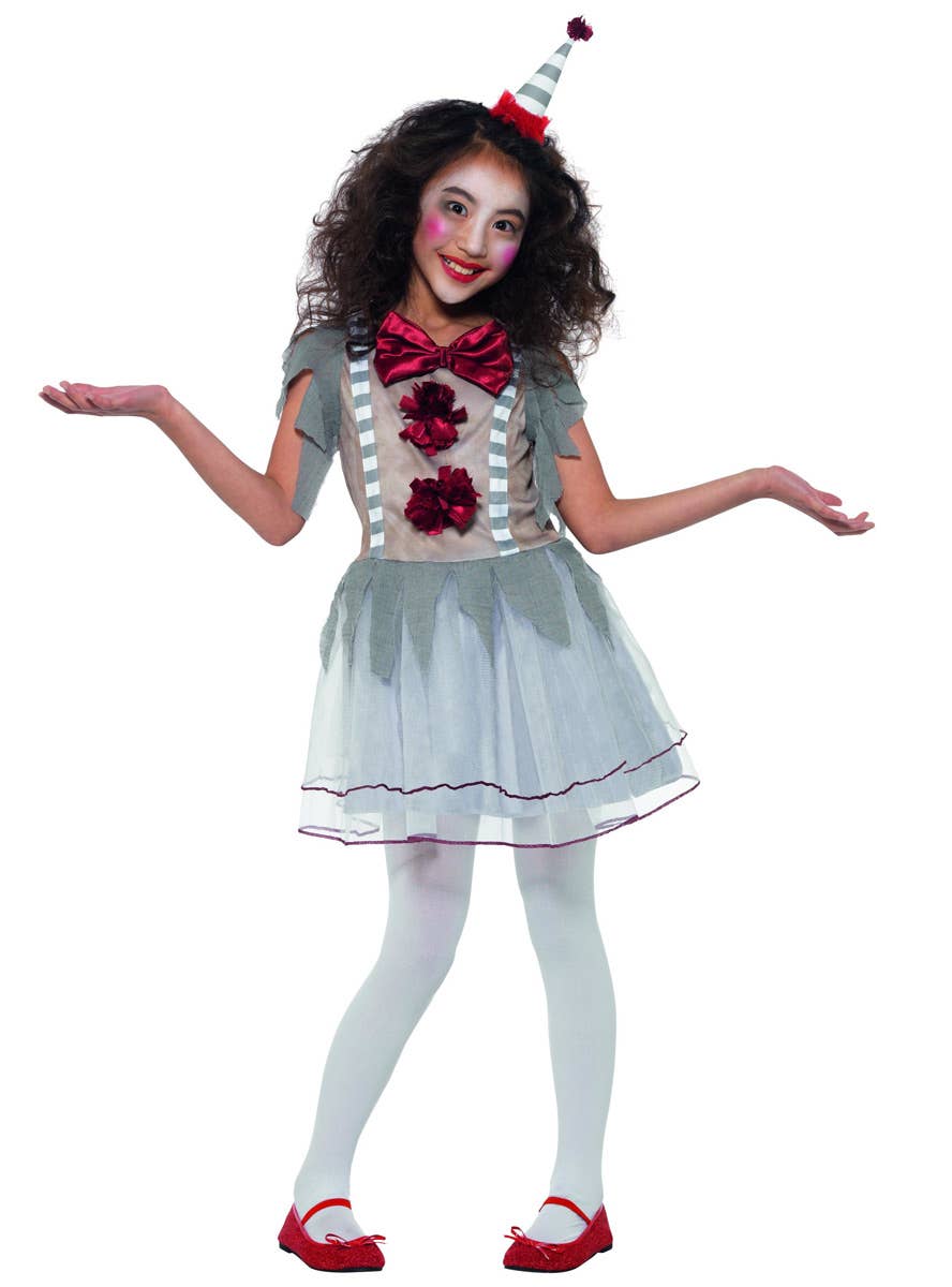 Girls Creepy Vintage Clown Halloween Fancy Dress Costume Front Image