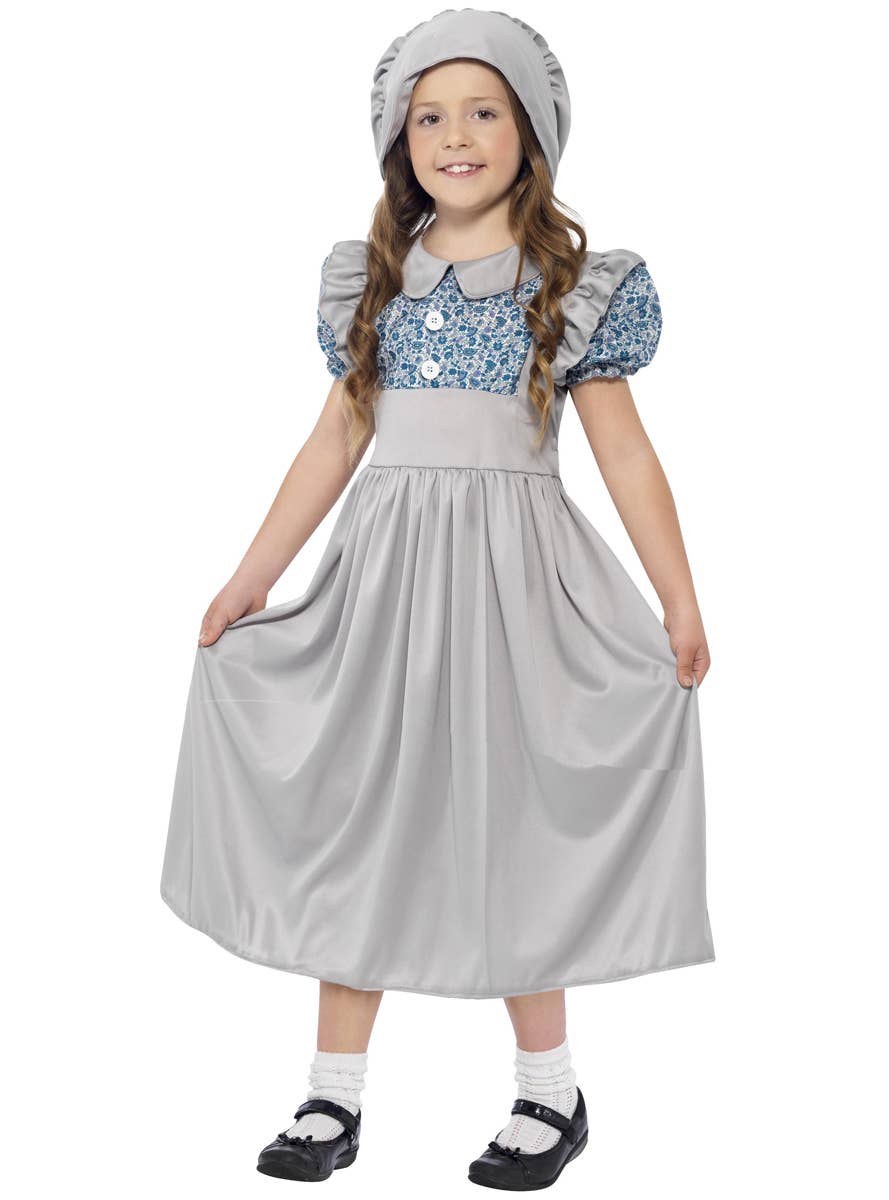 Grey Victorian Old Day's Kid's School Girl Fancy Dress Costume Main View