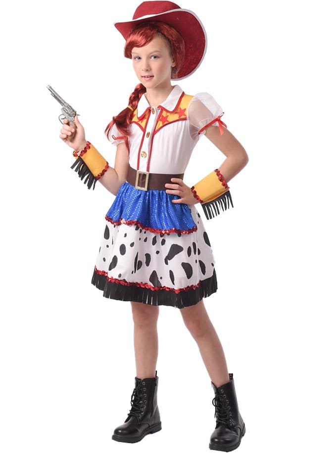 fancy dress jessie toy story Jesse Girls ,toy Costume Dress, Cowgirl Costume, Jessie Baby Dress, Toy Story Jessie Dress print chaps and jean skort to the white blouse with printed buttons and the red doodles on her yellow cuffs and shoulders Jessie Costume for Girls, Jessie