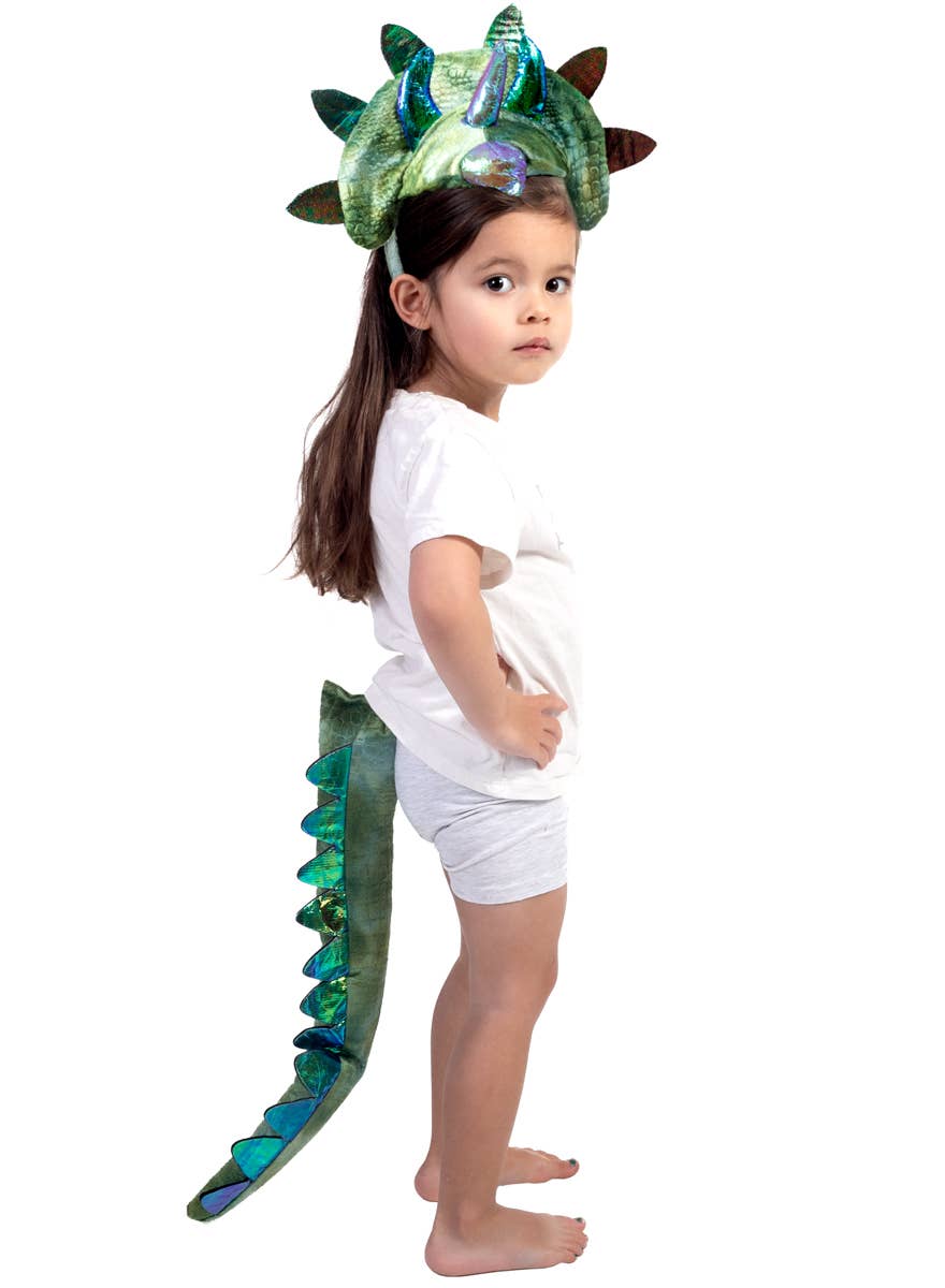 Kids Green Triceratops Headband and Tail Costume Set - Side View