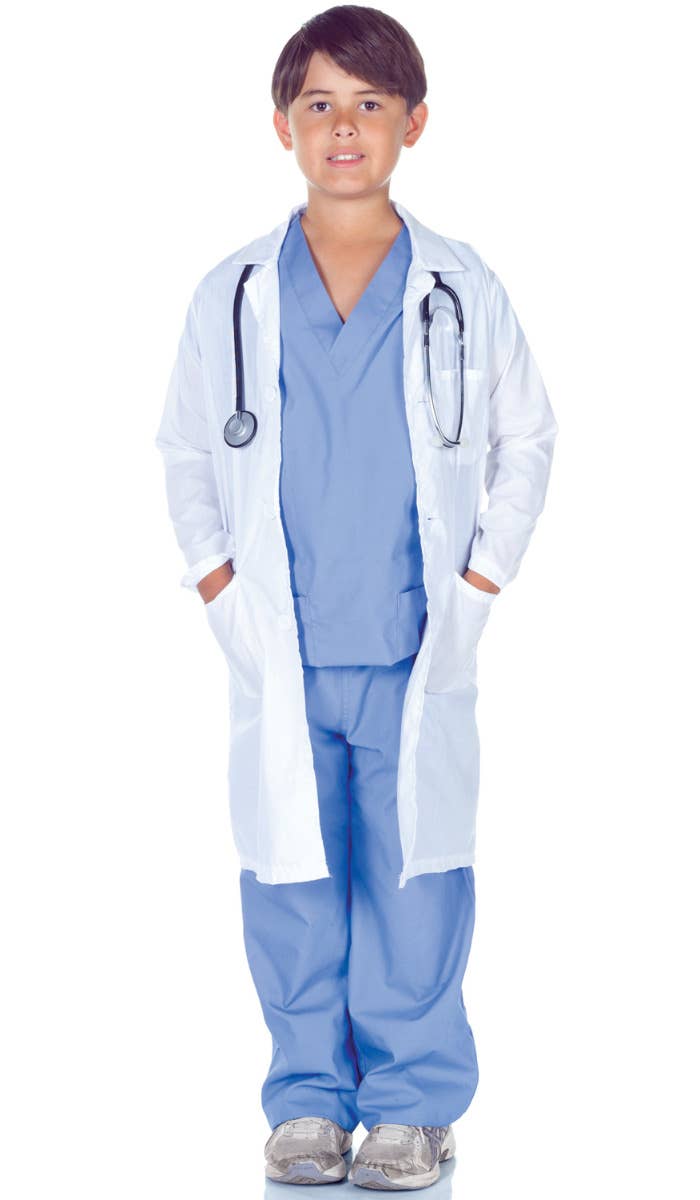 Boy's Doctor Scrubs and Lab Coat Scientist Fancy Dress Costume Main Image