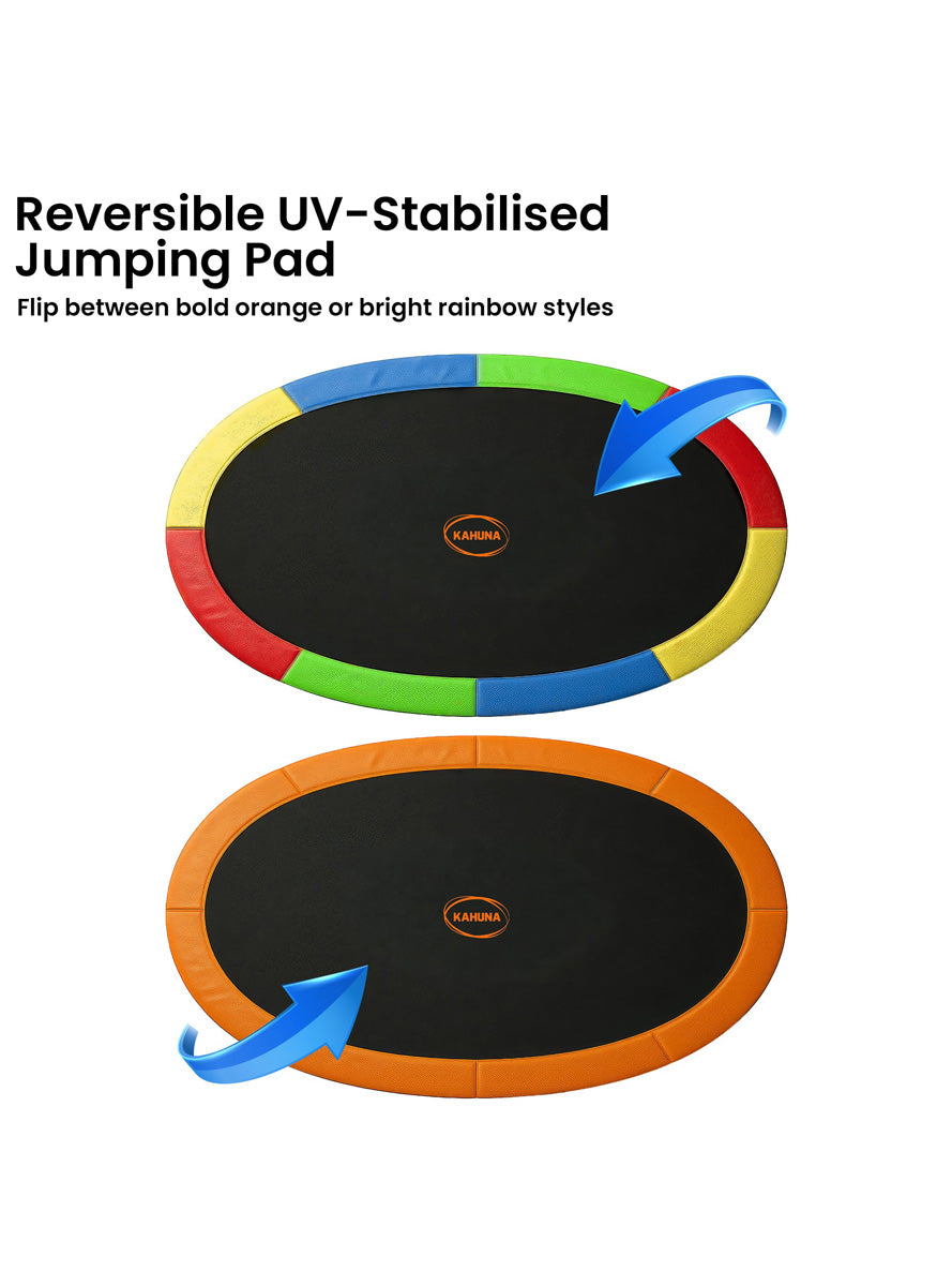 Kahuna 10ft by 15ft Oval Trampoline with Reversible Orange and Rainbow Padding Safety Net Info Image 2