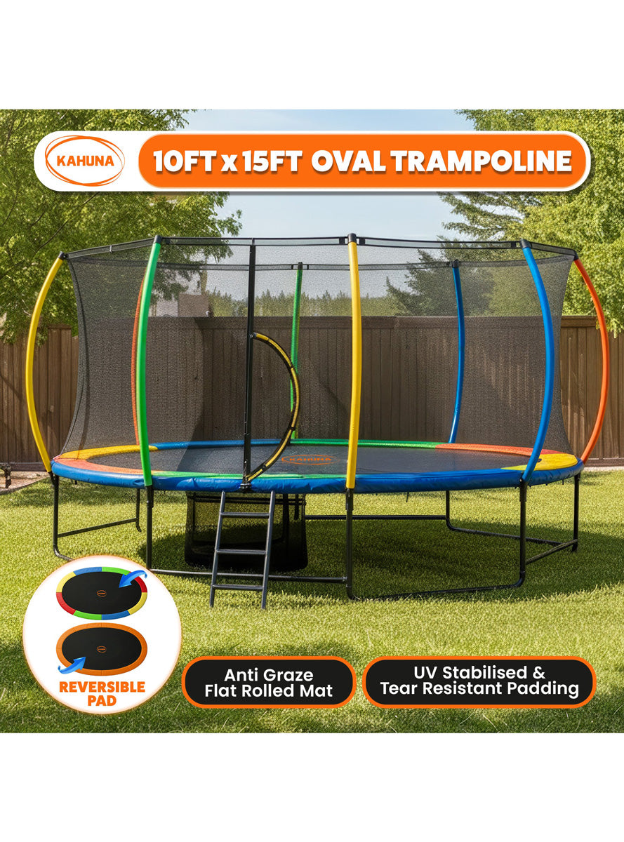 Kahuna 10ft by 15ft Oval Trampoline with Reversible Orange and Rainbow Padding Safety Net Info Image 4
