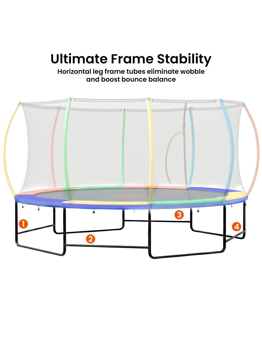 Kahuna 10ft by 15ft Oval Trampoline with Reversible Orange and Rainbow Padding Safety Net Basketball Hoop Info Image 1