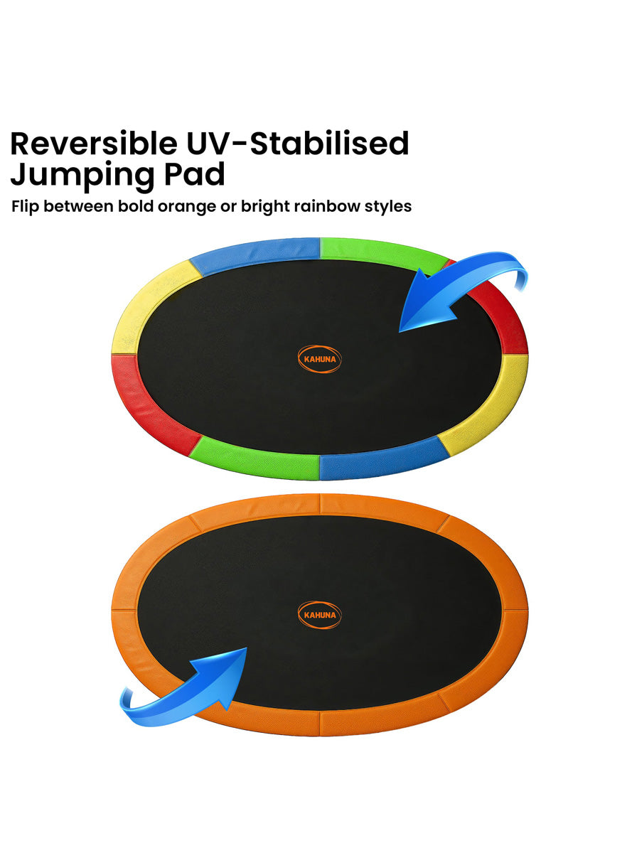 Kahuna 10ft by 15ft Oval Trampoline with Reversible Orange and Rainbow Padding Safety Net Basketball Hoop Info Image 2