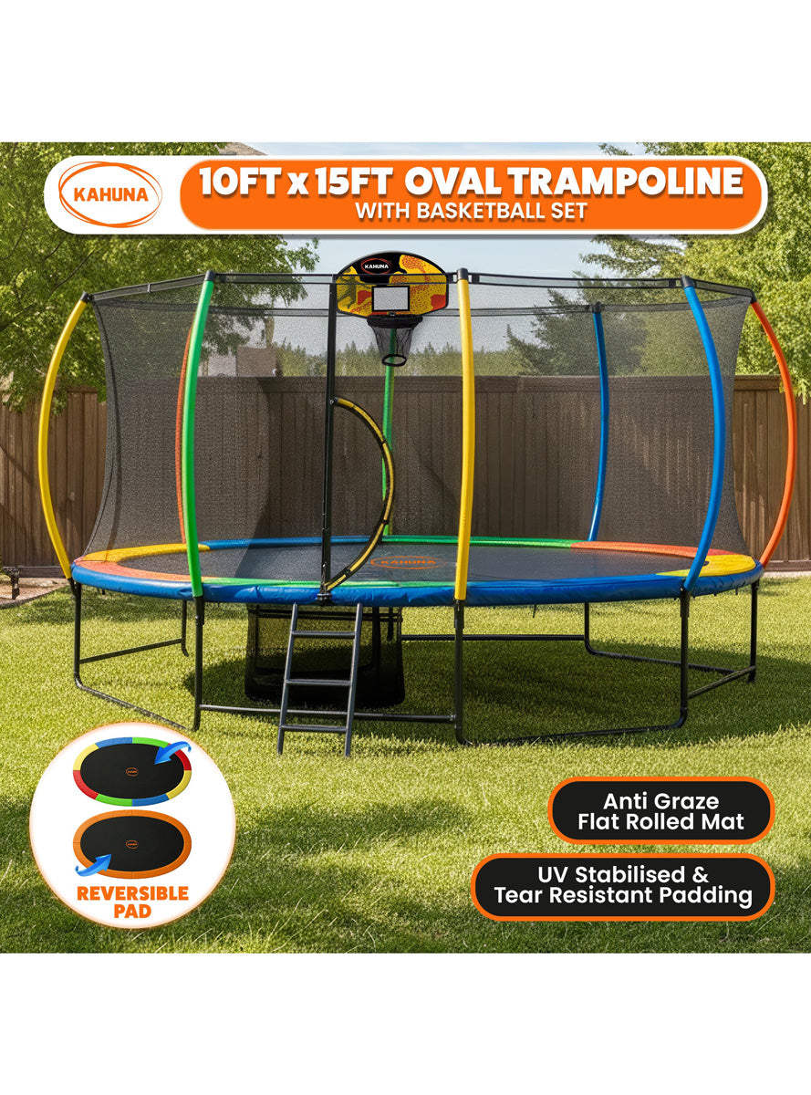 Kahuna 10ft by 15ft Oval Trampoline with Reversible Orange and Rainbow Padding Safety Net Basketball Hoop Info Image 3