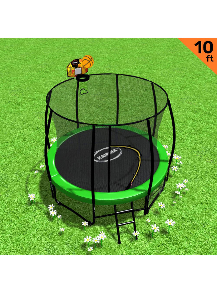 Kahuna 10ft Round Trampoline with Green Padding Safety Net Basketball Hoop Info Image 1