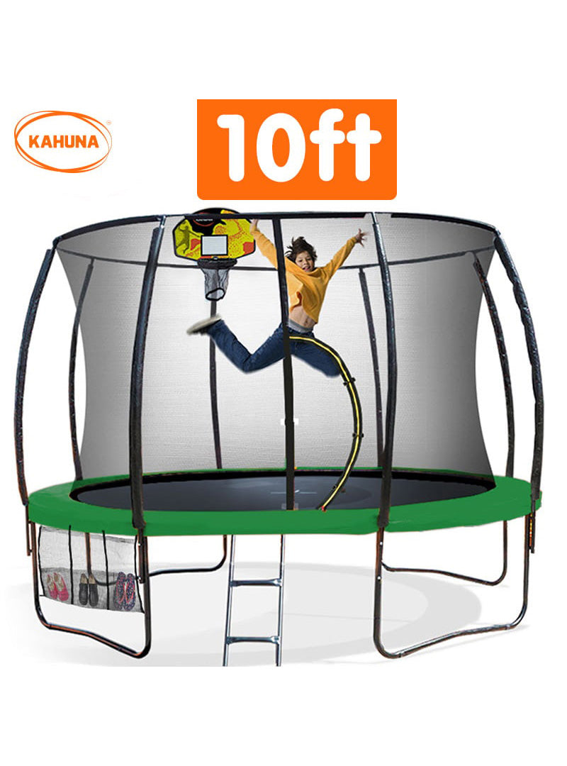 Kahuna 10ft Round Trampoline with Green Padding Safety Net Basketball Hoop Info Image 2