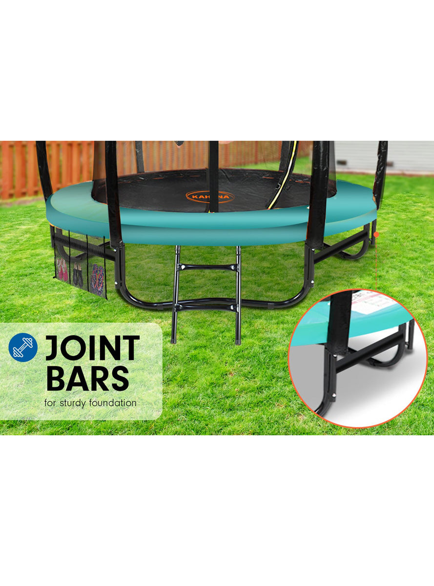 Kahuna 10ft Round Trampoline with Green Padding Safety Net Basketball Hoop Info Image 3