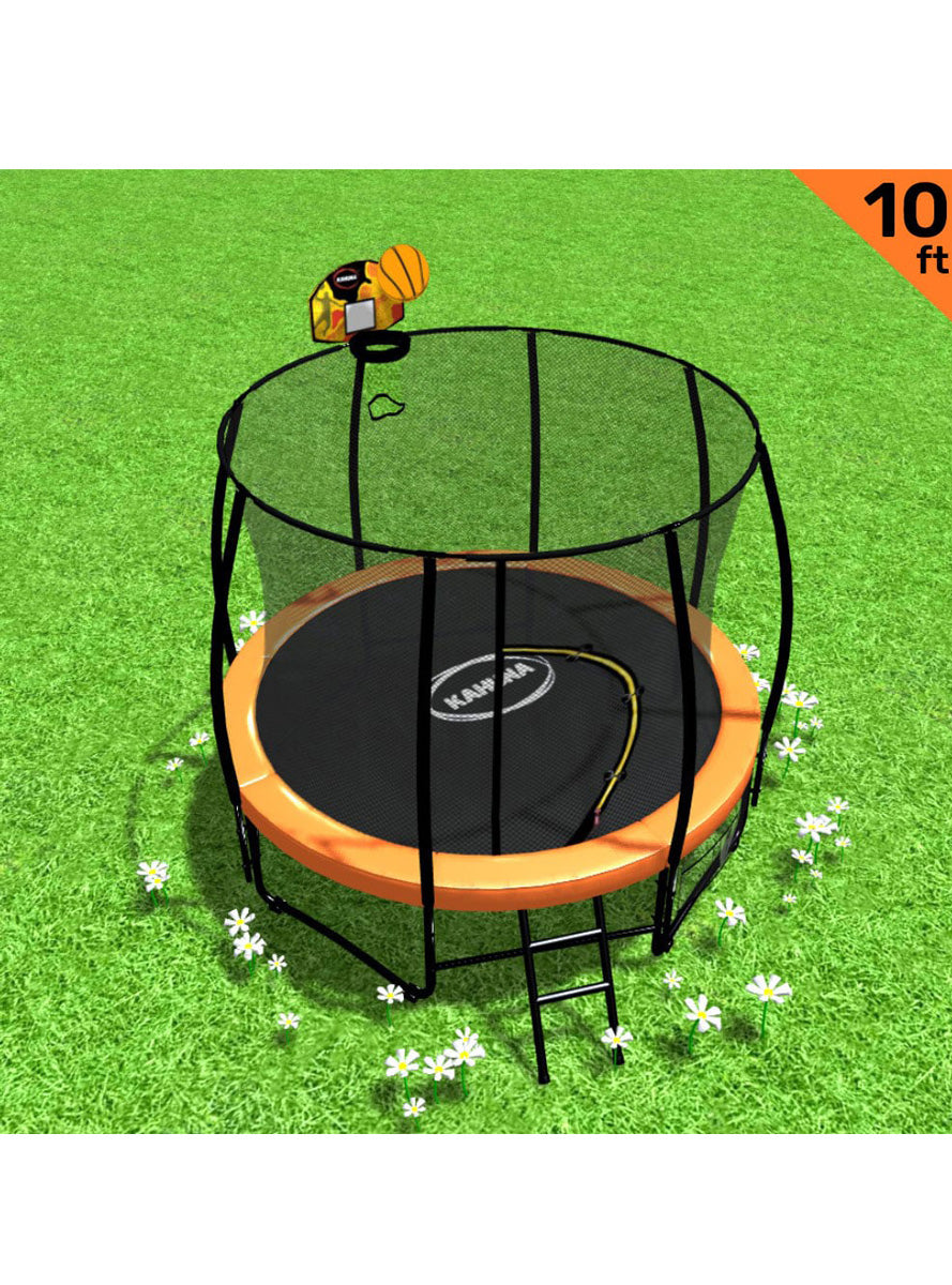 Kahuna 10ft Round Trampoline with Orange Padding Safety Net Basketball Hoop Info Image 1