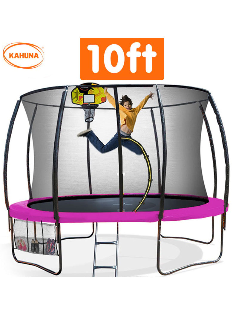 Kahuna 10ft Round Trampoline with Pink Padding Safety Net Basketball Hoop Info Image 1