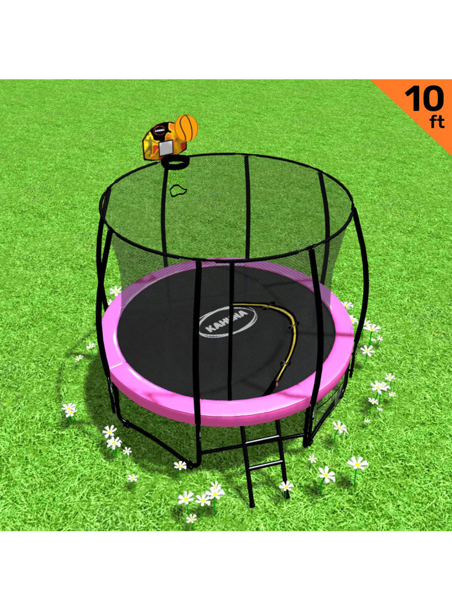 Kahuna 10ft Round Trampoline with Pink Padding Safety Net Basketball Hoop Info Image 2