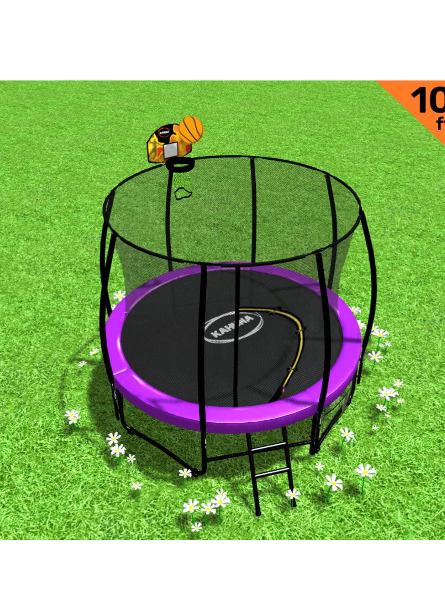 Kahuna 10ft Round Trampoline with Purple Padding Safety Net Basketball Hoop Info Image 1