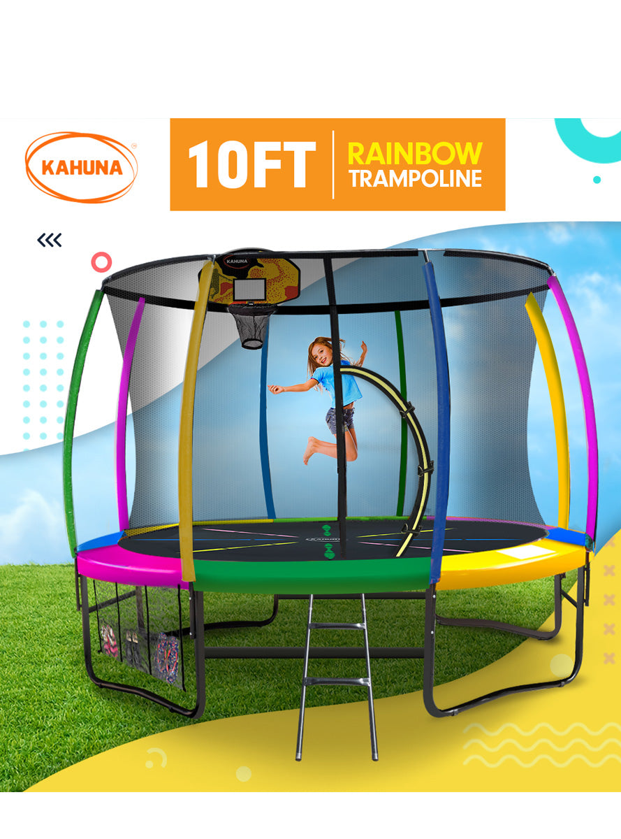 Kahuna 10ft Round Trampoline with Rainbow Padding Safety Net Basketball Hoop Info Image 2