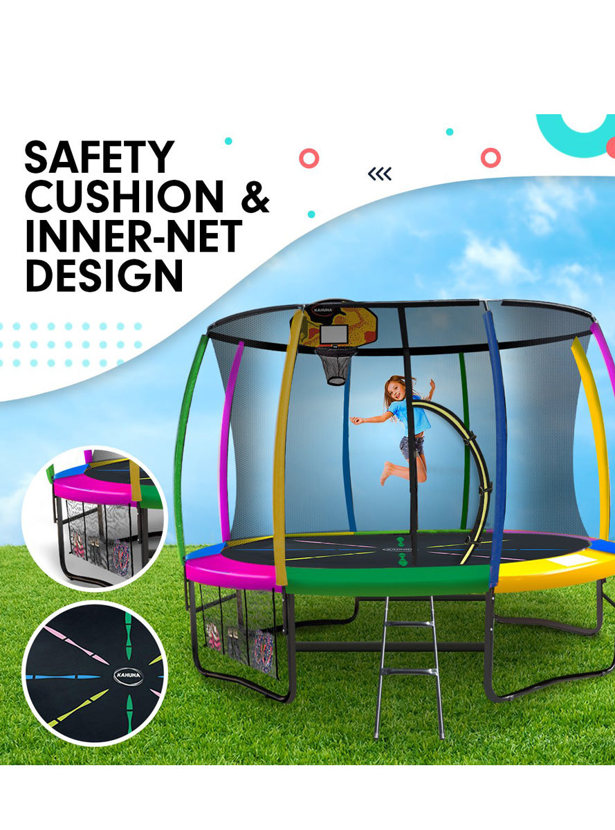 Kahuna 10ft Round Trampoline with Rainbow Padding Safety Net Basketball Hoop Info Image 3