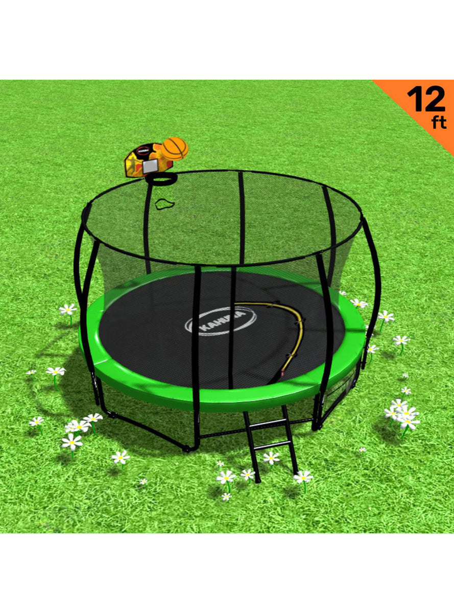 Kahuna 12 Foot Round Trampoline With Green Padding And Basketball Hoop Alternate Image
