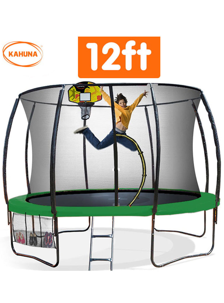Kahuna 12 Foot Round Trampoline With Green Padding And Basketball Hoop Dimensions Image 2