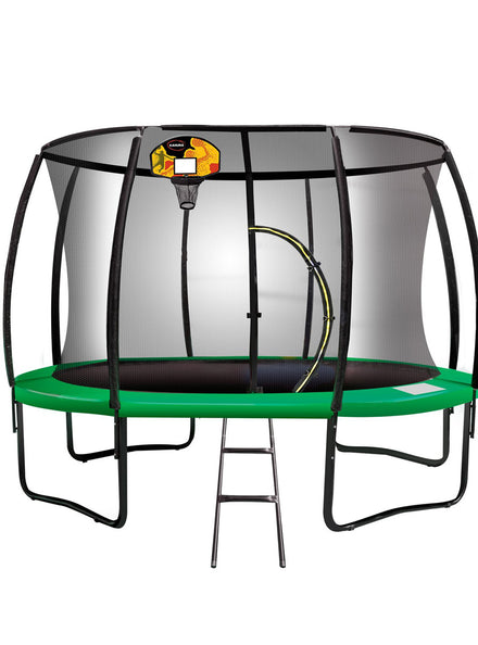 Kahuna 12 Foot Round Trampoline With Green Padding And Basketball Hoop Main Image